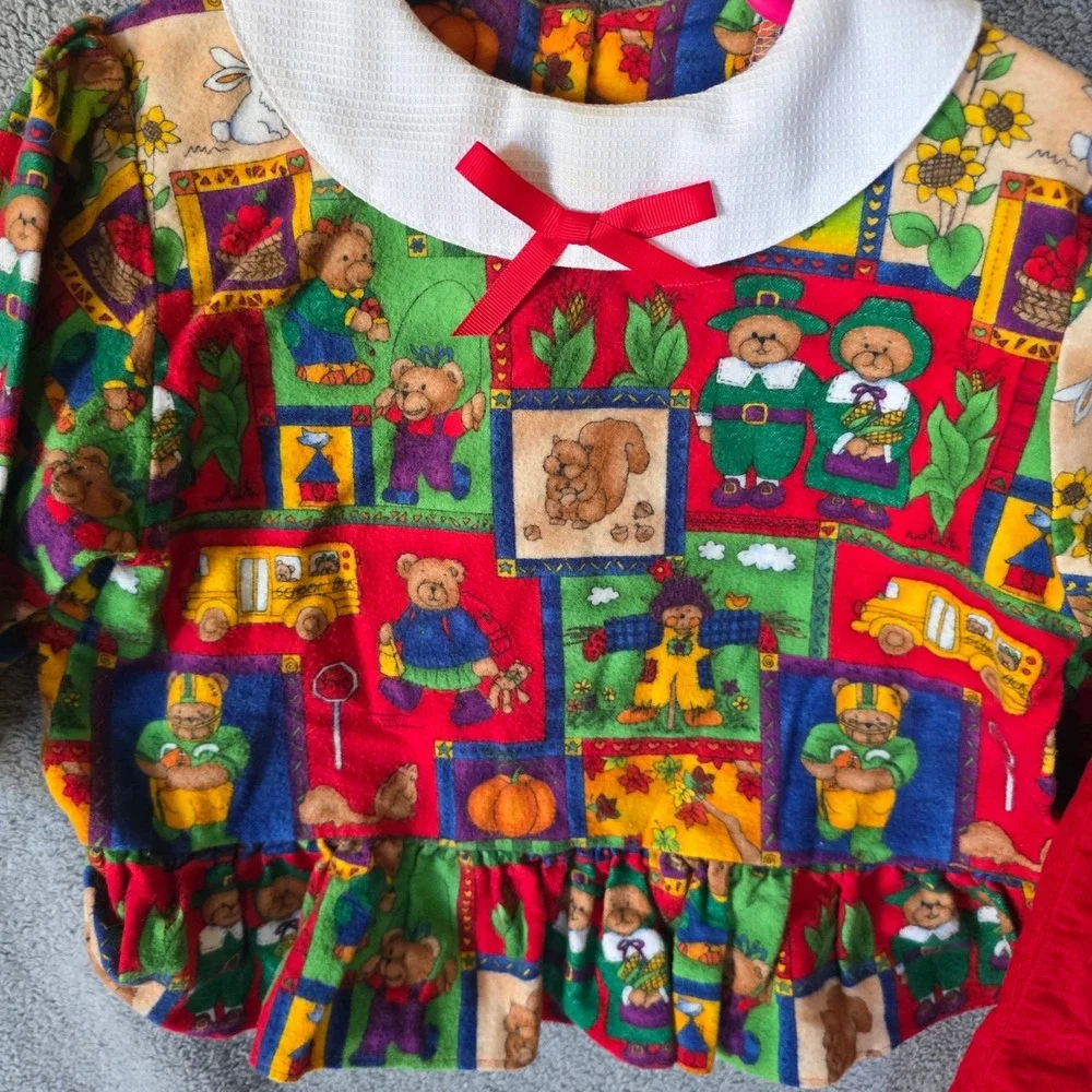 Vintage Kids Teddy Bear Novelty Print Peplum Top and Red Pants Set Multi Color